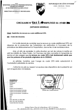 circulaire n&deg;1823 - Douanes de C&ocirc;te d`Ivoire