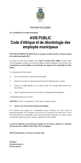 Avis public amendement code d`&eacute;thique employ&eacute;s - Saint-Donat