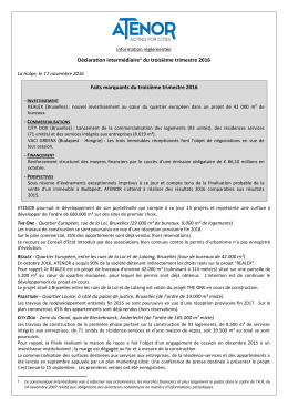 Déclaration intermédiaire1 du troisième trimestre 2016 Faits