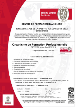 Certificat N° FR032616-1 - Centre de Formation Blanchard