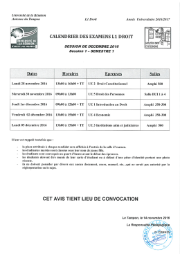 calendriers examens et surveillances l1 droit session 1 semestre 1
