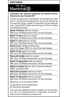 Calendrier des séances pour l`année 2017