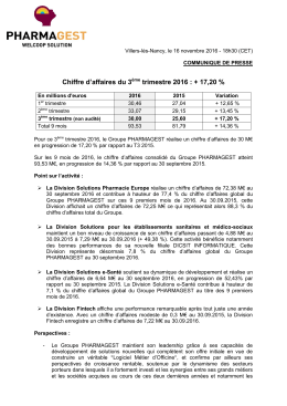 Chiffre d`affaires du 3ème trimestre 2016 : + 17,20