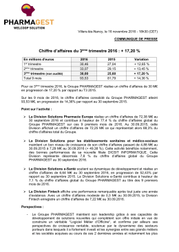 Chiffre d`affaires du 3ème trimestre 2016 : + 17,20 %