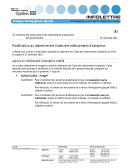 Modification au répertoire des Codes des médicaments d`exception