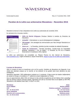 Parution de la Lettre aux actionnaires Wavestone &ndash; Novembre 2016