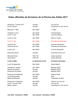 Dates officielles de fermeture de la Piscine des Arêtes 2017