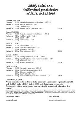 Služby Kalná, s.r.o. Jedálny lístok pre dôchodcov od 28.11. do 2.12