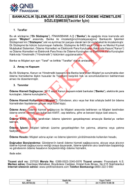 BANKACILIK İŞLEMLERİ S&Ouml;ZLEŞMESİ EKİ &Ouml;DEME HİZMETLERİ