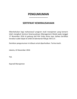 Pengumuman Pengambilan Sertifikat Kewirausahaan