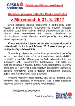 ČS- ukončen&iacute; provozu pobočky k 31.3.2017