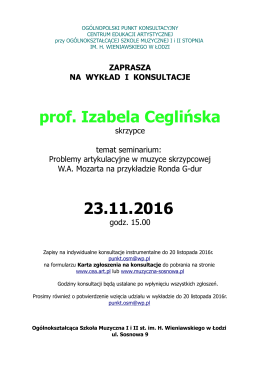 ZAPROSZENIE na wykład i konsultacje 23 XI 2016 prof. Izabela