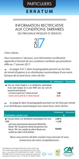 Erratum sur les tarifs Particuliers 2017 applicables au 1er janvier 2017