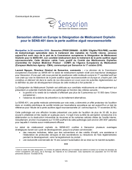 Sensorion obtient en Europe la Désignation de Médicament