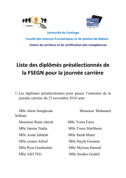 Liste des dipl&ocirc;m&eacute;s pr&eacute;s&eacute;lectionn&eacute;s de la FSEGN pour la journ&eacute;e
