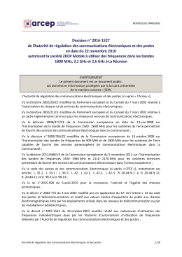 D&eacute;cision n&deg; 2016-1527 de l`Arcep en date du 22 novembre 2016
