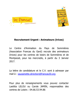 Recrutement Urgent : Animateurs (trices) Le Centre d`Animation du