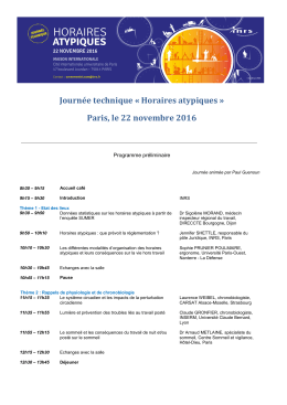 Journée technique « Horaires atypiques » Paris, le 22 novembre 2016