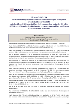 D&eacute;cision n&deg; 2016-1524 de l`Arcep en date du 22 novembre 2016