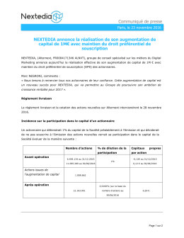 Communiqu&eacute; de presse NEXTEDIA annonce la r&eacute;alisation de son