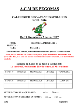 ACM DE PEGOMAS CALENDRIER DES VACANCES SCOLAIRES