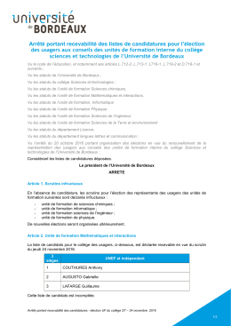 Arr&ecirc;t&eacute; portant recevabilit&eacute; des listes de candidatures pour l`&eacute;lection
