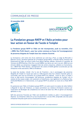 La Fondation groupe RATP et l`Adie primées pour leur action en