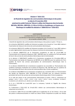 D&eacute;cision n&deg; 2016-1521 de l`Arcep en date du 22 novembre 2016