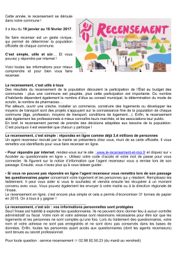Cette ann&eacute;e, le recensement se d&eacute;roule dans notre commune ! Il a