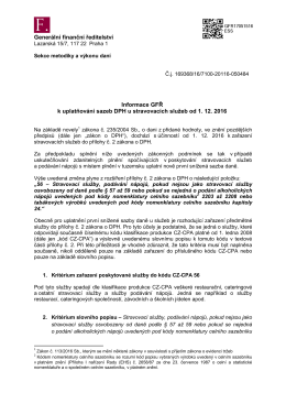 Informace GFŘ k uplatňování sazeb DPH u stravovacích služeb od 1