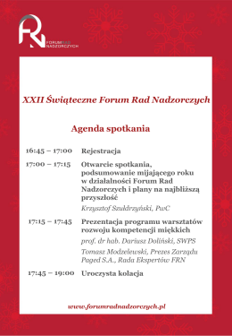 XXII Świąteczne Forum Rad Nadzorczych Agenda spotkania