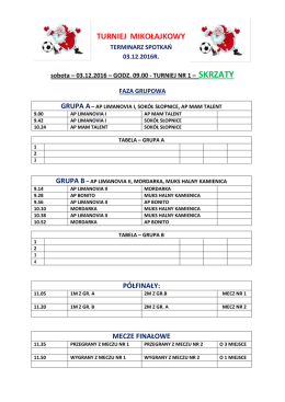 TERMINARZ SPOTKAŃ TURNIEJ MIKOŁAJKOWY – 03.12.2016r.