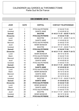 Calendrier de Thrombectomie Partie Sud IDF pour