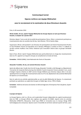 Communiqu&eacute; Carnet Siparex renforce son &eacute;quipe Midmarket avec