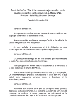 Toast du Chef de l`Etat à l`occasion du déjeuner offert par le couple