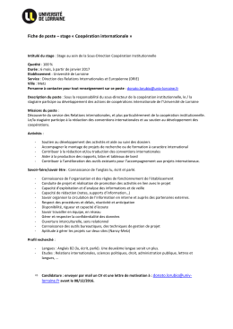 Fiche de poste &ndash; stage &laquo; Coop&eacute;ration internationale &raquo;