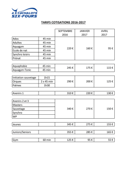 tarifs cotisations 2016-2017