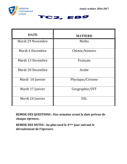 Mardi 29 Novembre Maths Mardi 6 Decembre Chimie/histoire