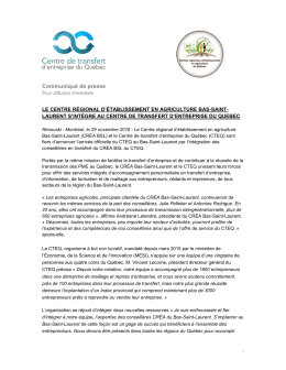 Communiqu&eacute; de presse - Centre de transfert d`entreprise du Qu&eacute;bec