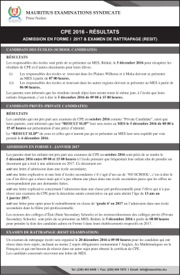 cpe 2016 - résultats - Mauritius Examinations Syndicate