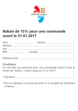 Rabais de 15% pour une commande avant le 31.01.2017