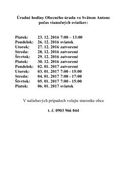 Úradné hodiny Obecného úradu vo Svätom Antone počas