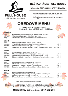 Obedové menu 49. týždeň 05.12.2016