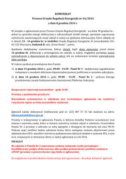 KOMUNIKAT Prezesa Urzędu Regulacji Energetyki nr 64/2016 z