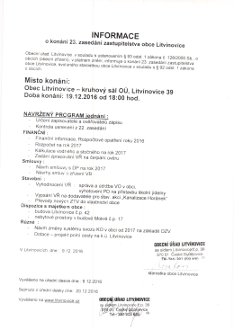 Informace o kon&aacute;n&iacute; 23. zased&aacute;n&iacute; zastupitelstva obce Litv&iacute;novice