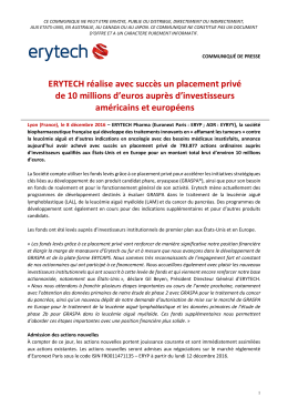 ERYTECH r&eacute;alise avec succ&egrave;s un placement priv&eacute; de 10 millions d
