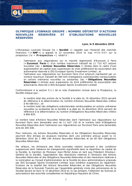 olympique lyonnais groupe : nombre définitif d`actions nouvelles