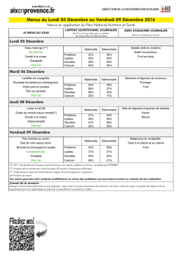 Menus du Lundi 05 Décembre au Vendredi 09 Décembre 2016