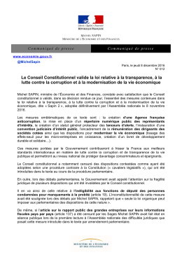 Le Conseil Constitutionnel valide la loi relative &agrave; la transparence, &agrave;