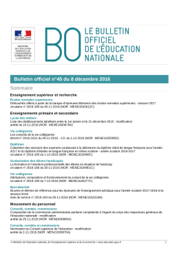 Bulletin officiel n&deg;45 du 8 d&eacute;cembre 2016 Sommaire